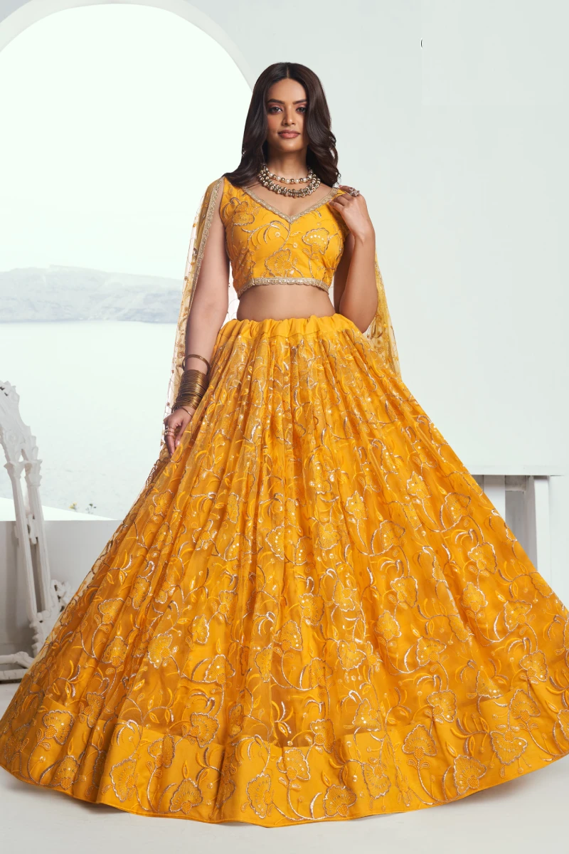 Yellow Butterfly Net Lehenga Choli with Embroidered Thread Work