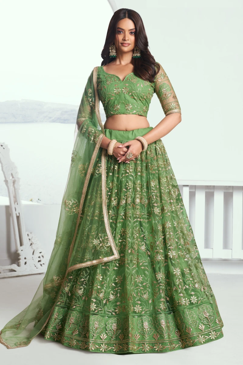 Green Butterfly Net Lehenga Choli with Embroidered Thread Work
