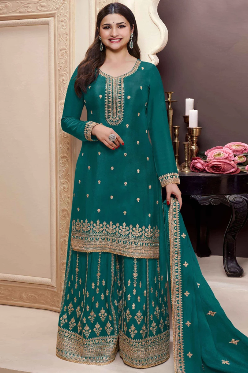 Designer Teal Green Chinon Silk Embroidered Sharara Suit