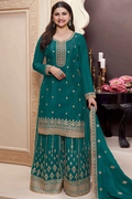 Designer Teal Green Chinon Silk Embroidered Sharara Suit