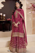 Designer Maroon Chinon Silk Embroidered Sharara Suit