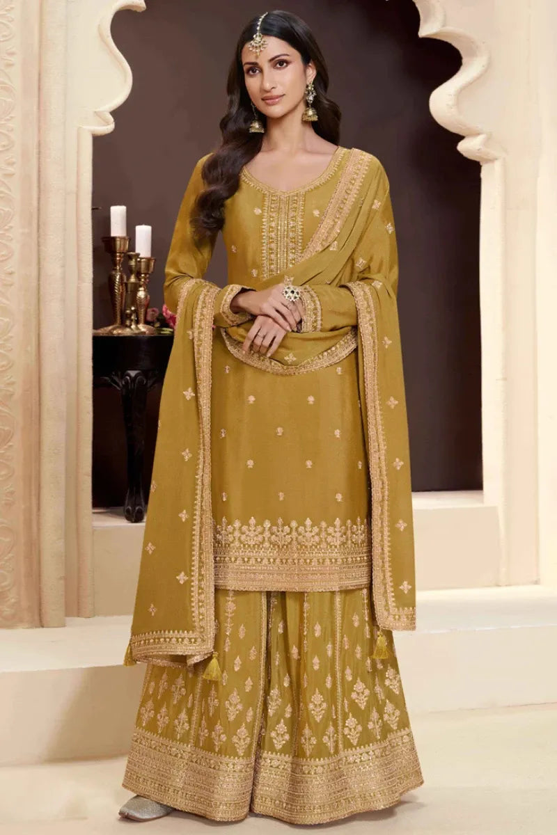 Designer Yellow Chinon Silk Embroidered Sharara Suit