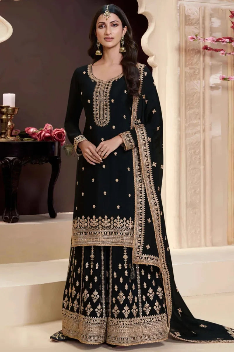 Designer Black Chinon Silk Embroidered Sharara Suit