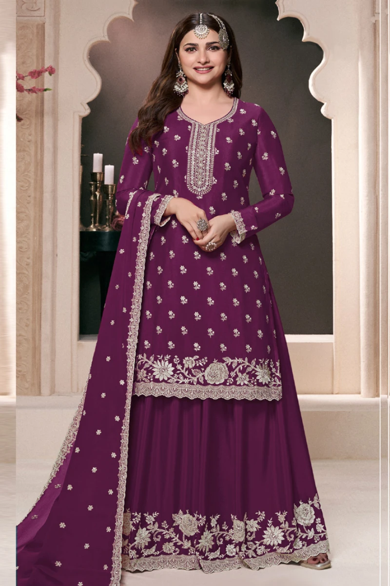Violet Chinon Silk Embroidered Plazzo Suit