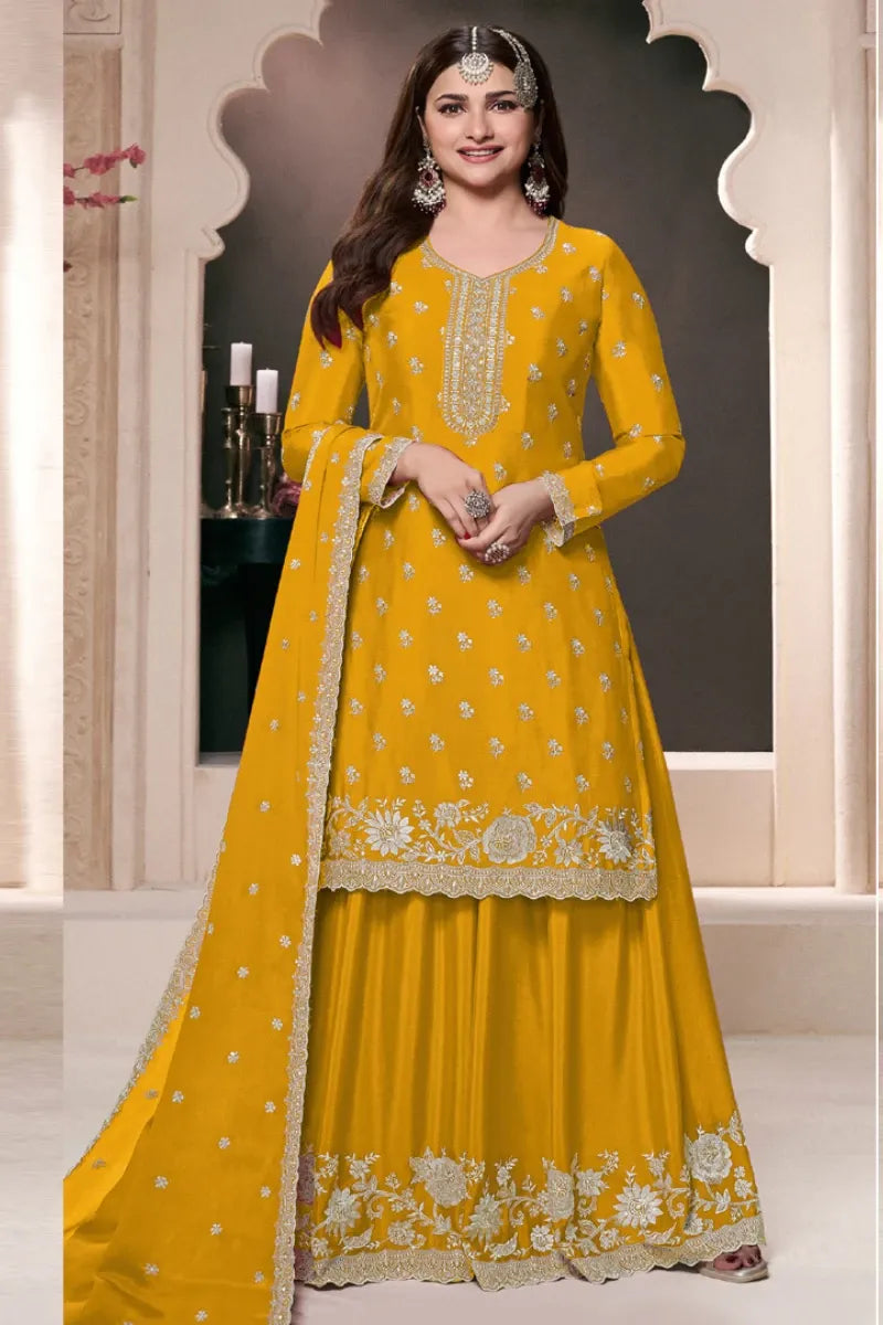 Yellow Chinon Silk Embroidered Plazzo Suit
