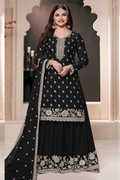 Black Chinon Silk Embroidered Plazzo Suit
