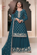 Aqua Blue Chinon Silk Embroidered Plazzo Suit