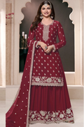 Maroon Chinon Silk Embroidered Plazzo Suit
