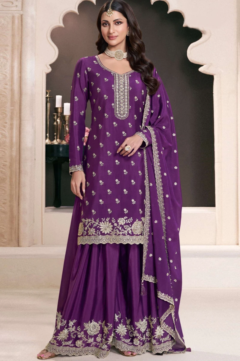 Violet Chinon Silk Thread Work Sharara Suit
