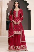 Red Chinon Silk Thread Work Sharara Suit