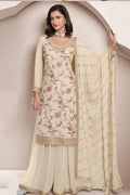 Cream Chinon Silk Embroidered Sharara Suit