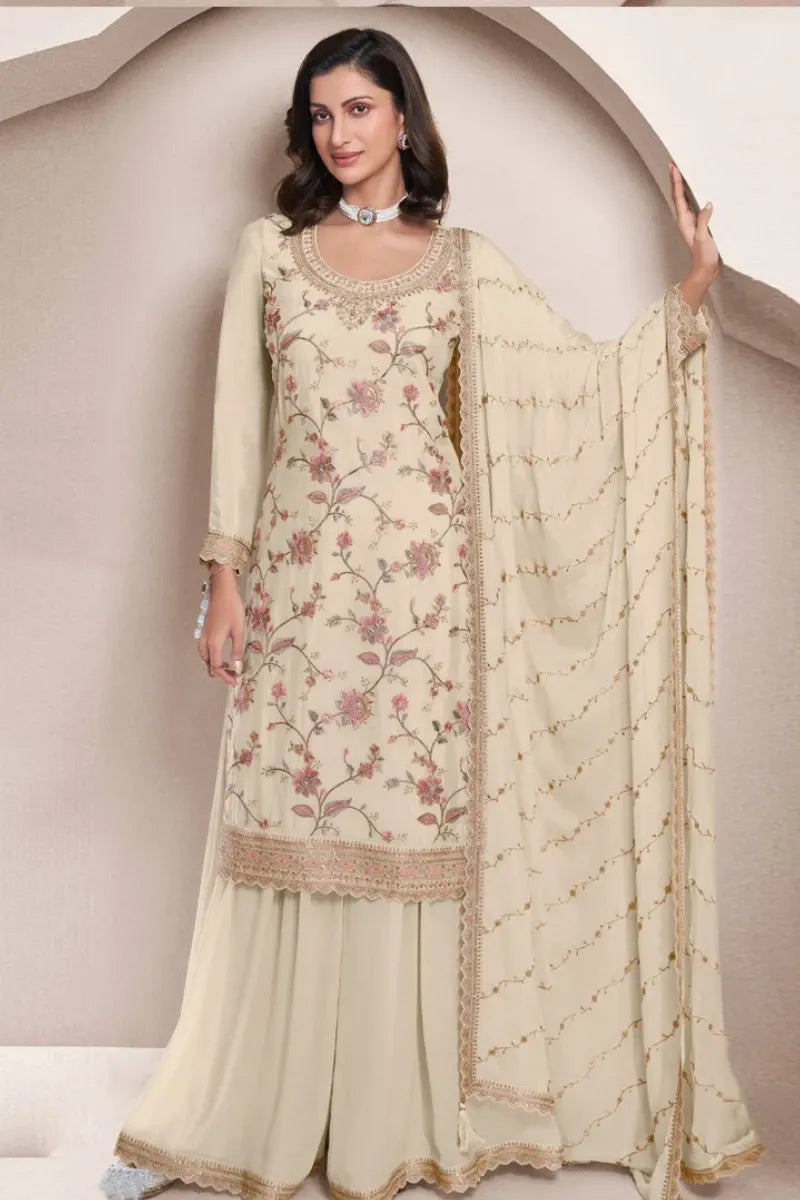 Cream Chinon Silk Embroidered Sharara Suit