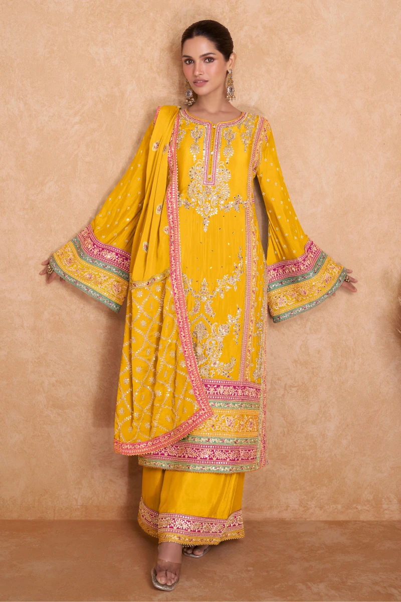 Graceful Yellow Chinon Silk Straight Palazzo Set