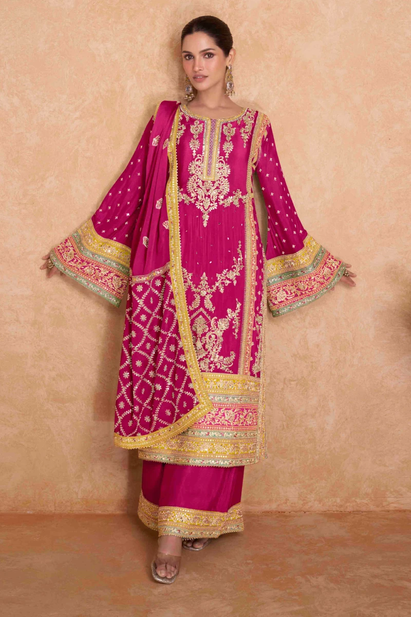 Pink Chinnon Palazzo Suit with Straight Kurta & Dupatta