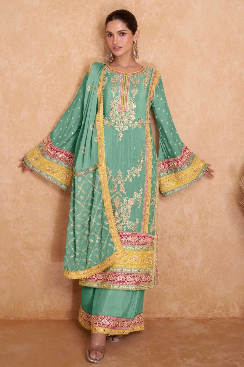 Green Chinnon Zari Embroidered Palazzo Suit