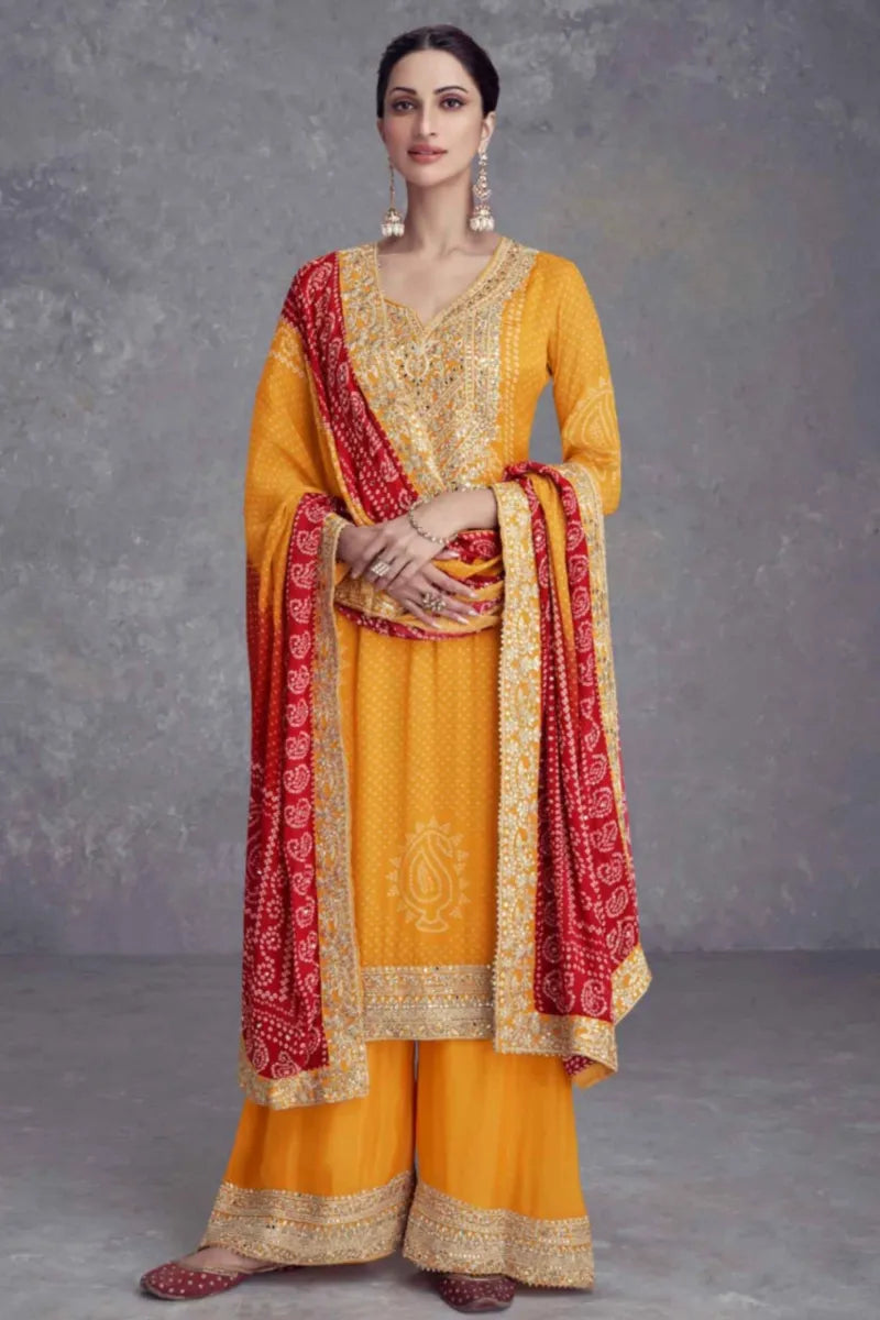 Mustard Embroidered, Mirror & Digital Print Chinnon Palazzo Suit