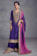 Purple and Pink Mirror Work Chinon Silk Palazzo Suit