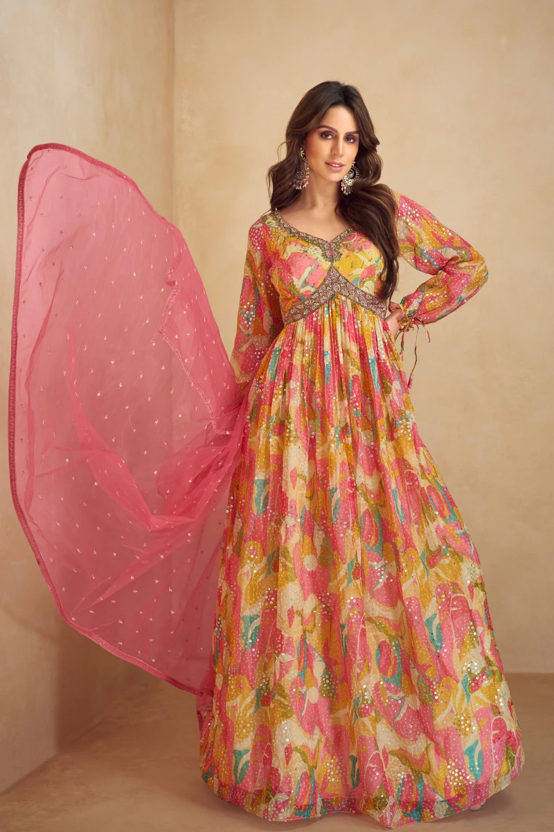 Multi-Colored Embroidered, Handwork & Print Chinnon Gown
