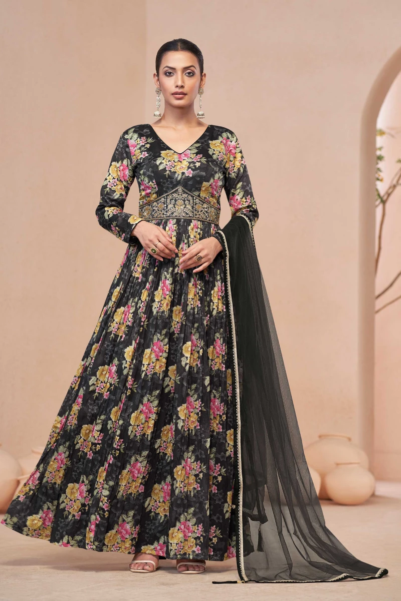 Black Chinnon Embroidered Gown with Net Dupatta