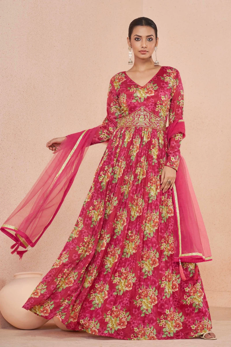 Pink Chinnon Embroidered Gown with Net Dupatta
