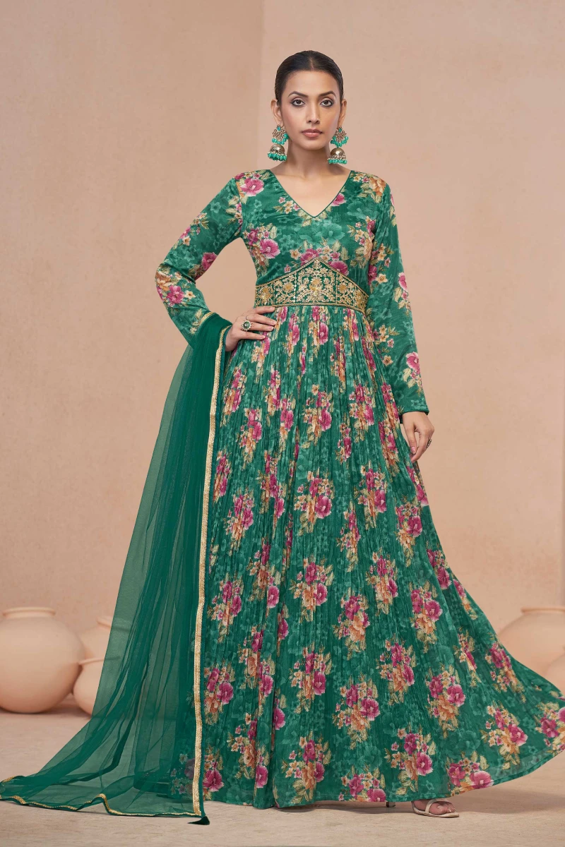 Green Chinnon Embroidered Gown with Net Dupatta