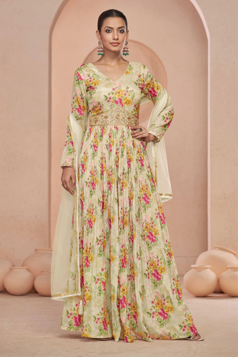 Beige Chinnon Embroidered Gown with Net Dupatta