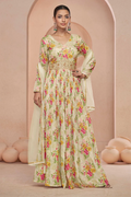 Beige Chinnon Embroidered Gown with Net Dupatta