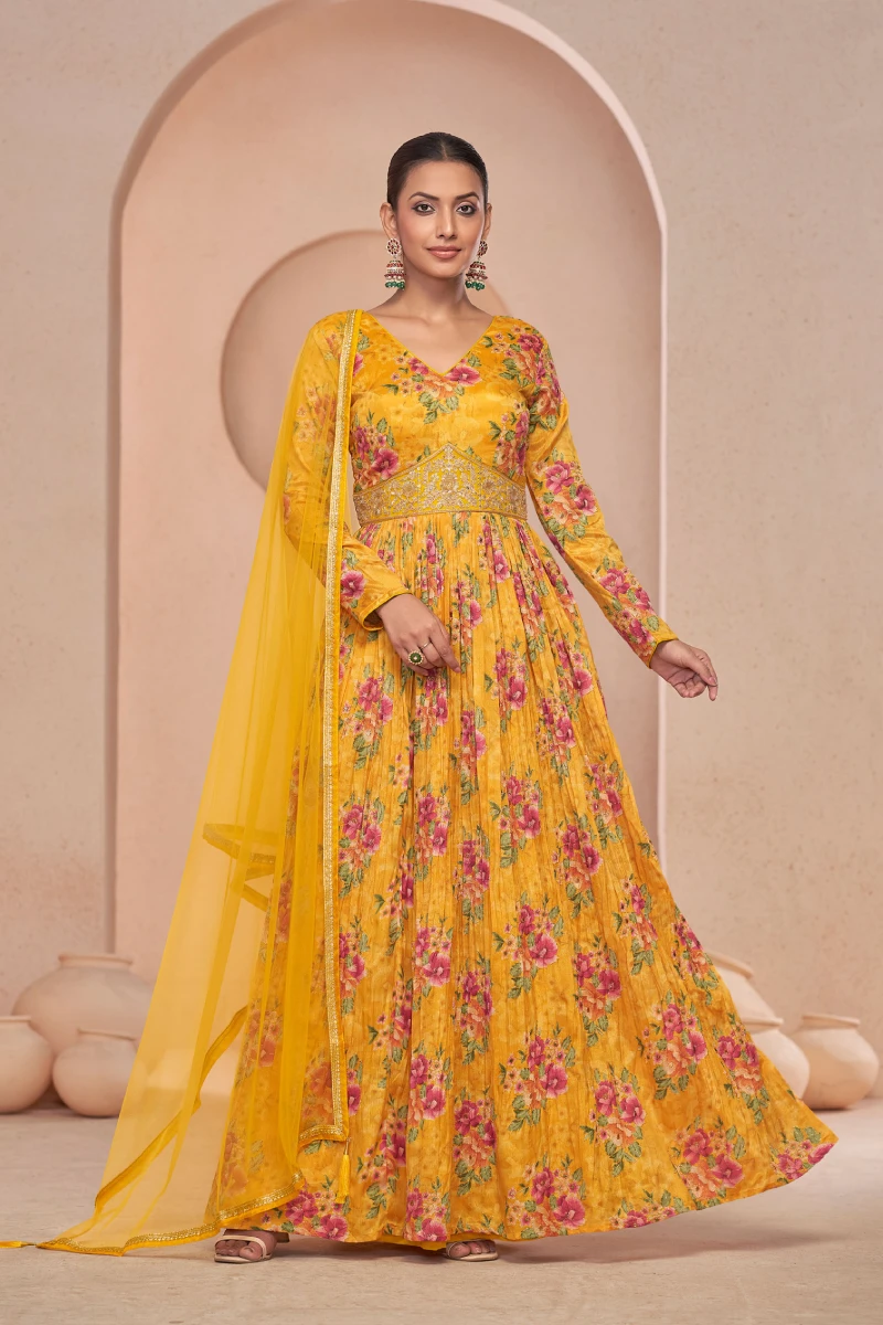 Mustard Chinnon Embroidered Gown with Net Dupatta