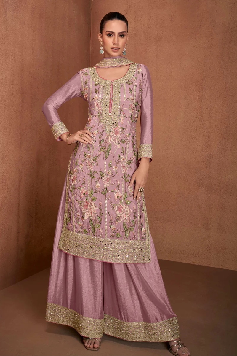 Light Mauve Chinnon Palazzo Suit with Embroidery & Sequins