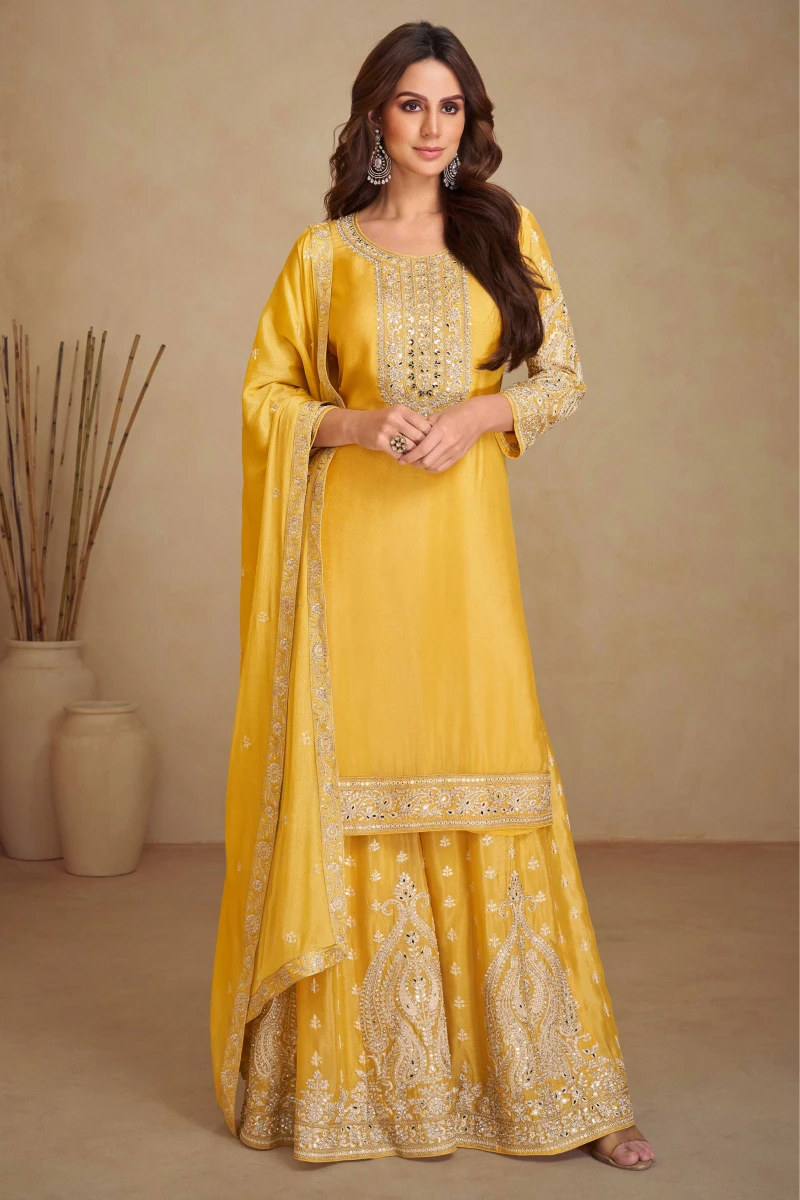 Yellow Chinnon Palazzo Suit with Embroidery & Sequins