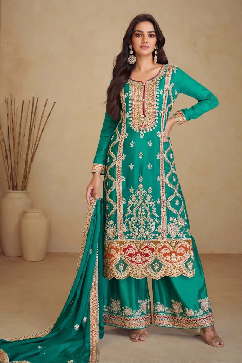 Teal Green Chinnon Palazzo Suit with Embroidery & Sequins