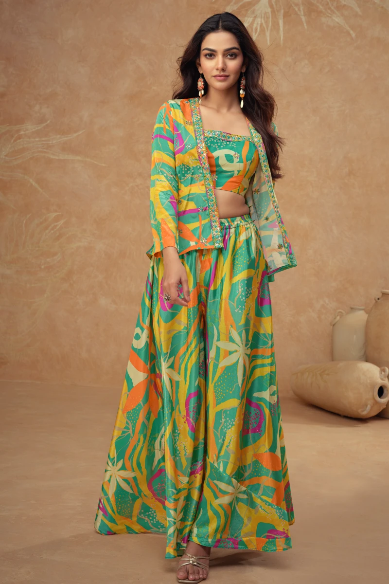 Multicolor Chinon Embroidered Palazzo Suit with Full Sleeves Jacket