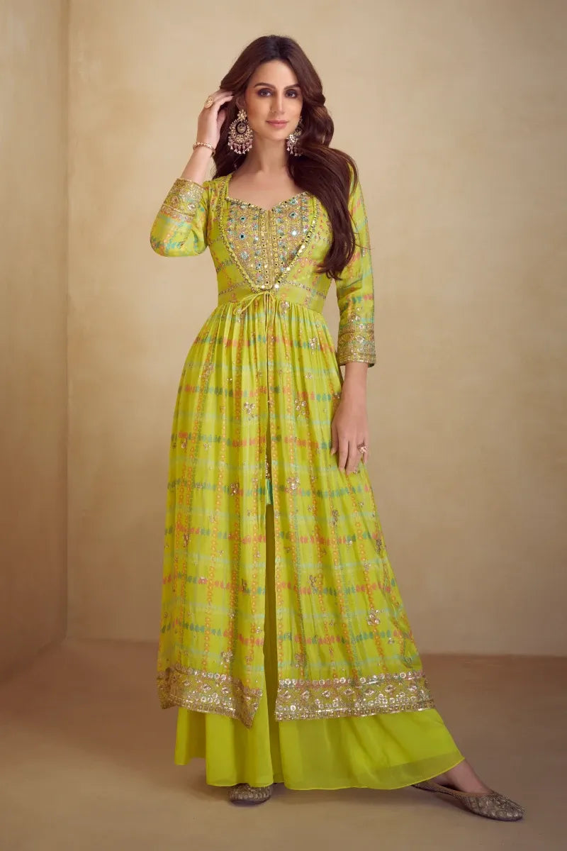 Olive Green Chinon Angrakha Style Palazzo Suit with Full Sleeves