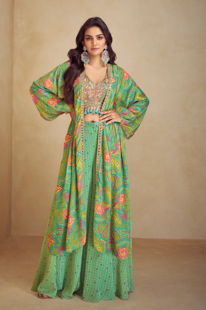 Green Chinon Palazzo Suit with Embroidered Jacket and Choli