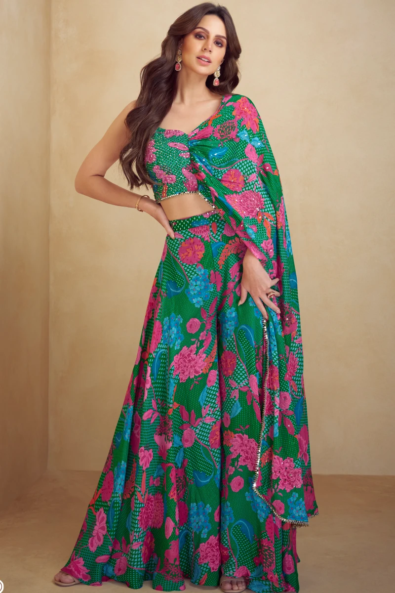 Multicolor Chinon Palazzo Suit with Shrug Style Overlay