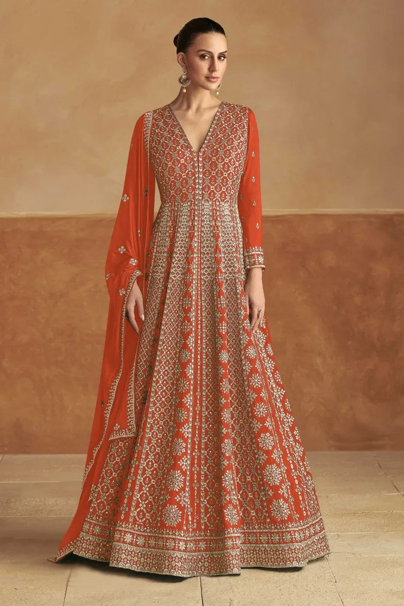 Orange Chinon Gown with Embroidery & Sequins