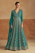 Turquoise Blue Chinon Gown with Embroidery & Sequins
