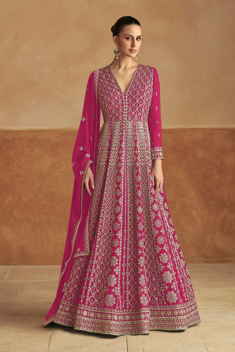 Pink Chinon Gown with Embroidery & Sequins