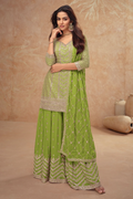 Lime Green Chinnon Palazzo Suit with Embroidery & Sequins