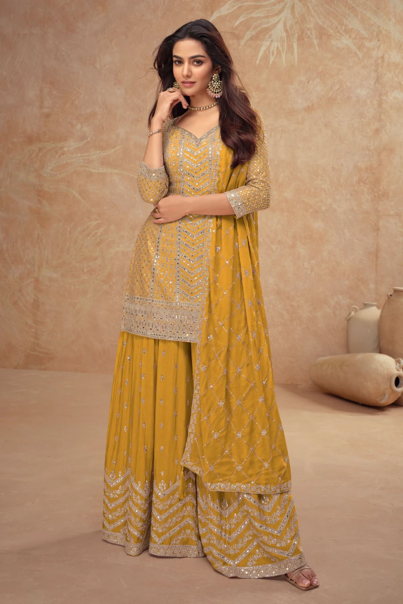 Mustard Chinnon Palazzo Suit with Embroidery & Sequins