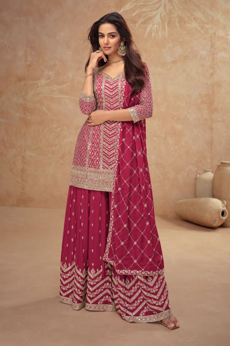 Pink Chinnon Palazzo Suit with Embroidery & Sequins