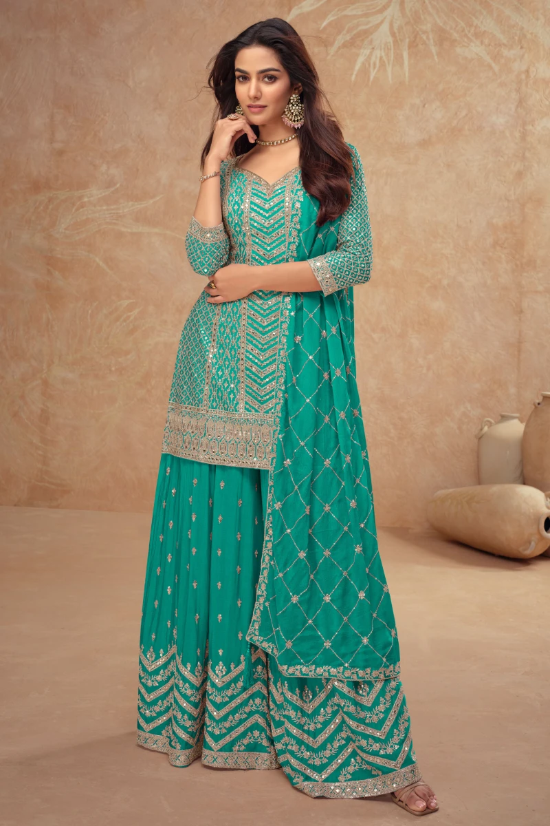 Turquoise Blue Chinnon Palazzo Suit with Embroidery & Sequins