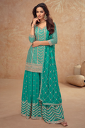 Turquoise Blue Chinnon Palazzo Suit with Embroidery & Sequins