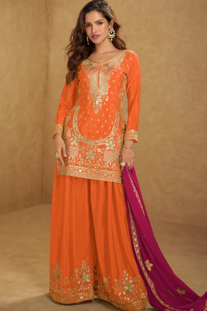 Orange Chinon Embroidered Kurta with Palazzo and Red Dupatta