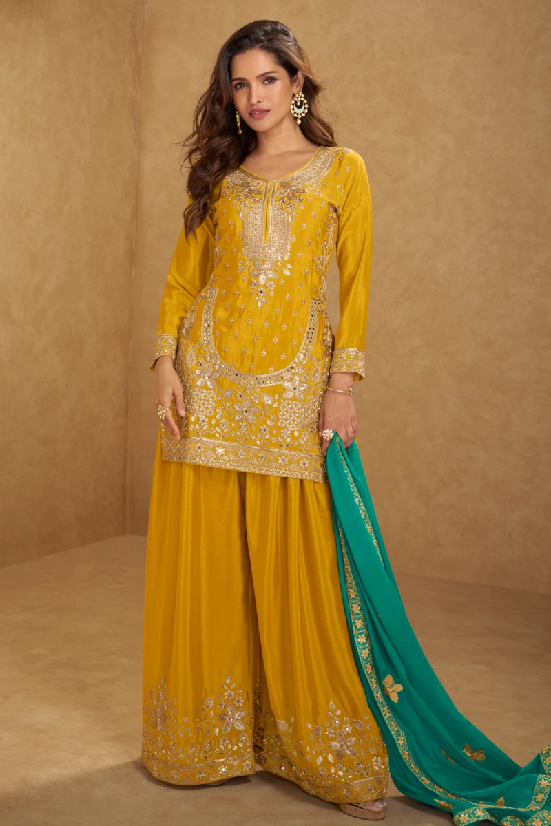 Mustard Chinon Embroidered Kurta with Palazzo and Green Dupatta