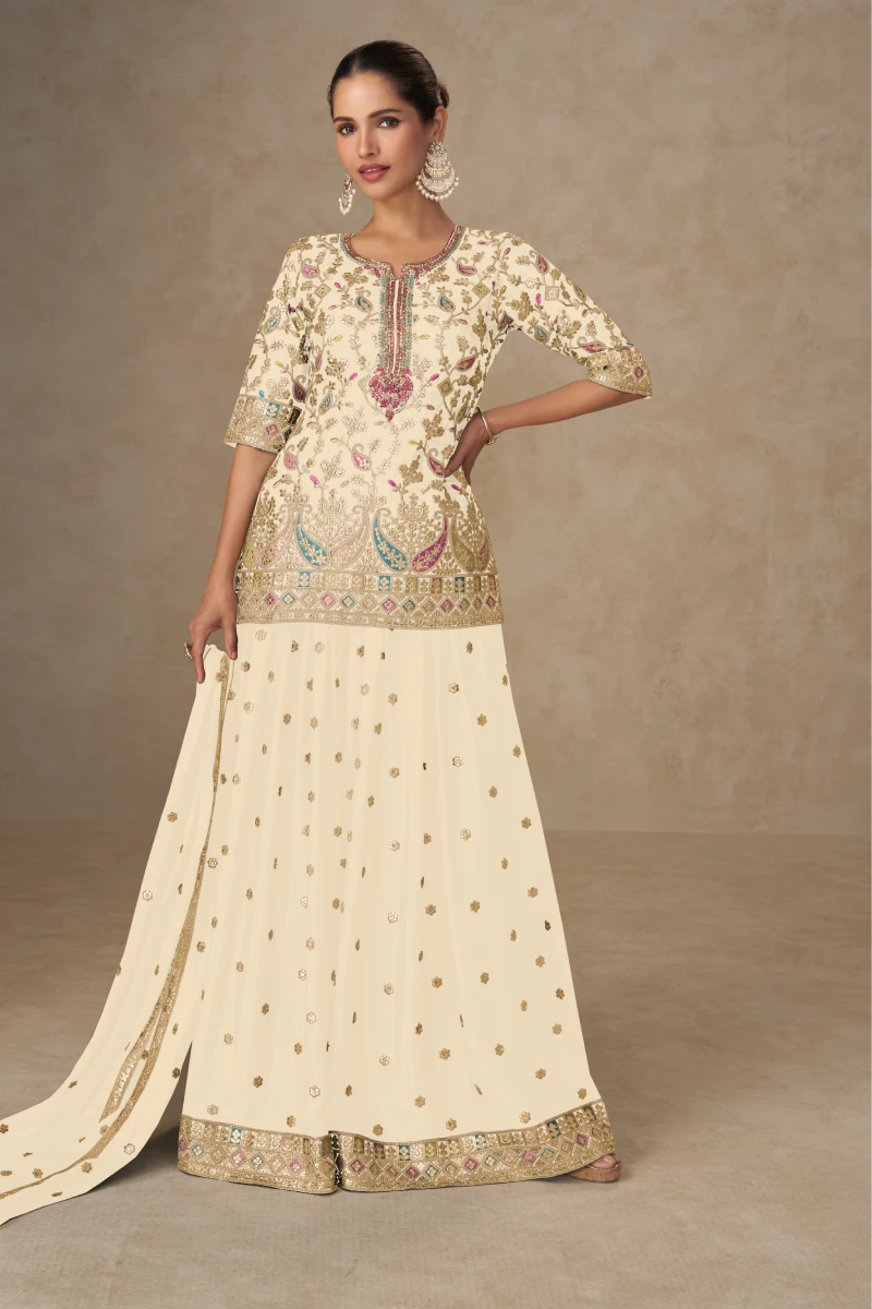 Graceful Cream Chinon Fully Embroidered Top & Palazzo Set