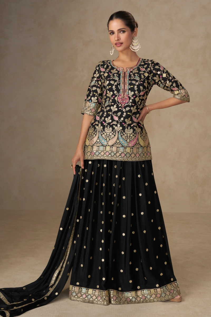 Elegant Black Chinon Fully Embroidered Top & Palazzo Set