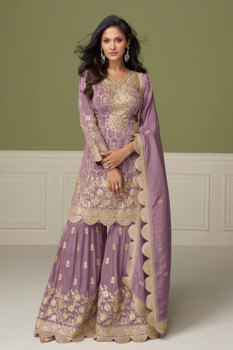 Light Violet Simar Silk Embroidered Sharara Set with Dupatta