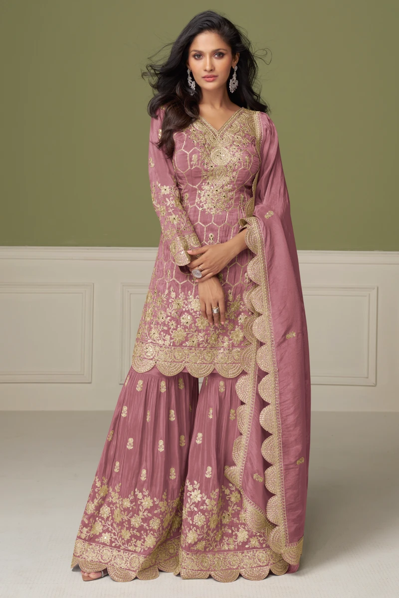 Gajari Pink Simar Silk Embroidered Sharara Set with Dupatta