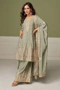 Dusty Green Chinnon Silk Embroidered Anarkali Palazzo Suit with Dupatta